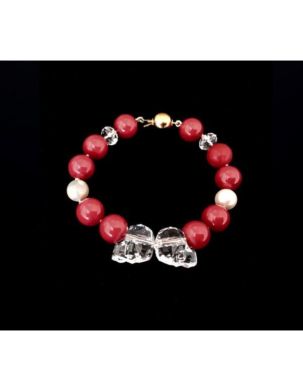 Swarovski Crystal Pearls Bracelet in Red Coral with Skull Beads in Aurore Boreale 1
