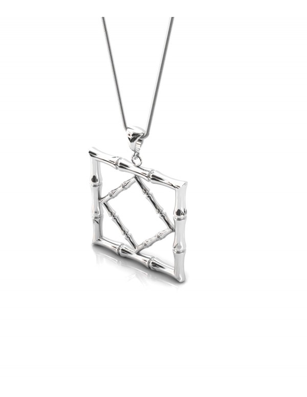 Bamboo 1 Square Pendant in 925 Sterling Silver with Palladium Rhodium-Plated 3D