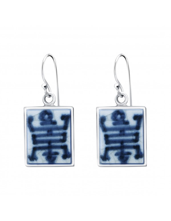 Fine China Porcelain with Chinese Character in Rectangle Sterling Silver Earrings