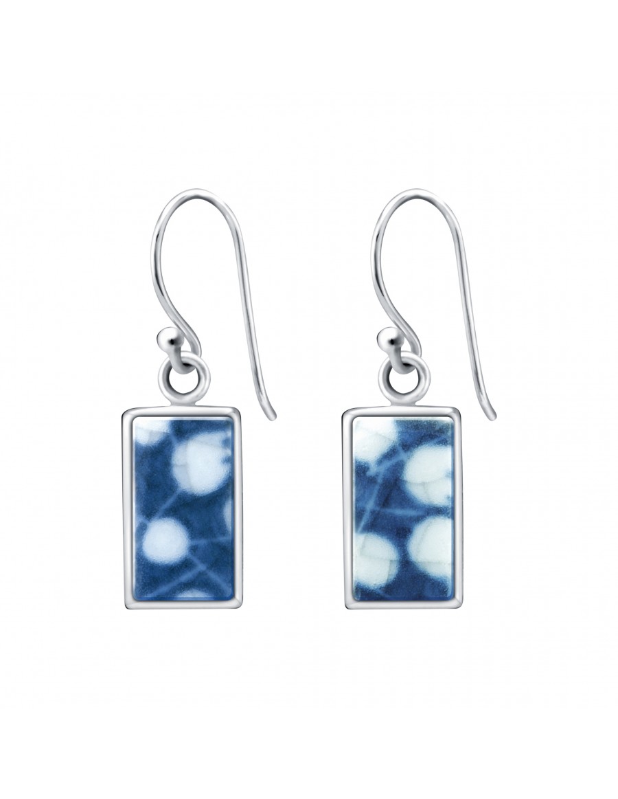 Fine China Porcelain in Rectangle Sterling Silver Earrings 