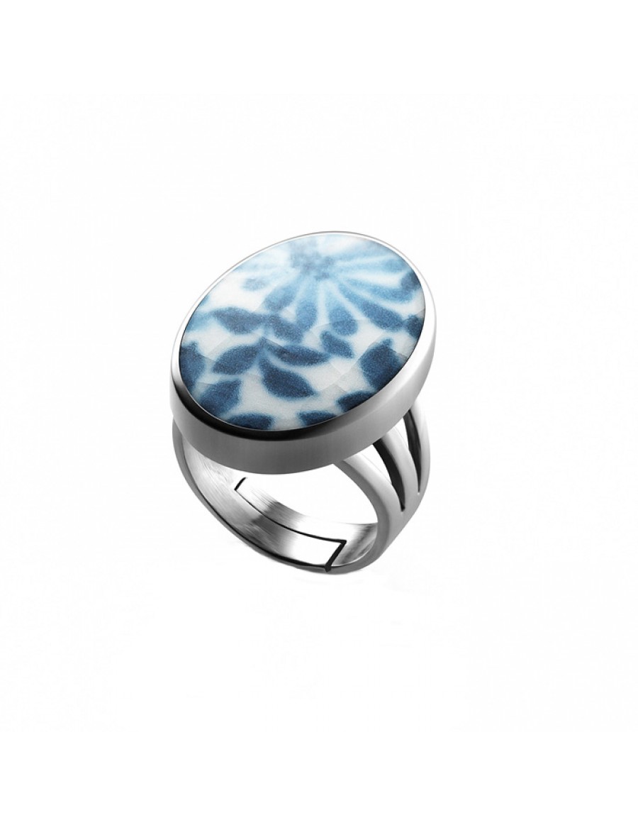 Fine China Porcelain in Oval Sterling Silver Ring