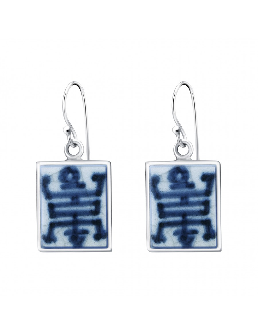 Fine China Porcelain with Chinese Character in Rectangle Sterling Silver Earrings