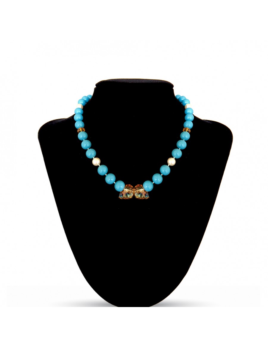 Swarovski Crystal Pearls Necklace in Turquoise with Skull Beads in Rose Gold 2x