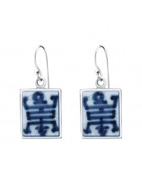 Fine China Porcelain with Chinese Character Rectangle Earrings