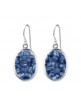 Fine China Porcelain in Oval Sterling Silver Earrings