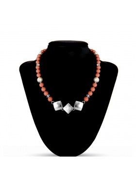 Swarovski Crystal Pearls Necklace in Coral with Sterling Silver Celestial Cloud 3