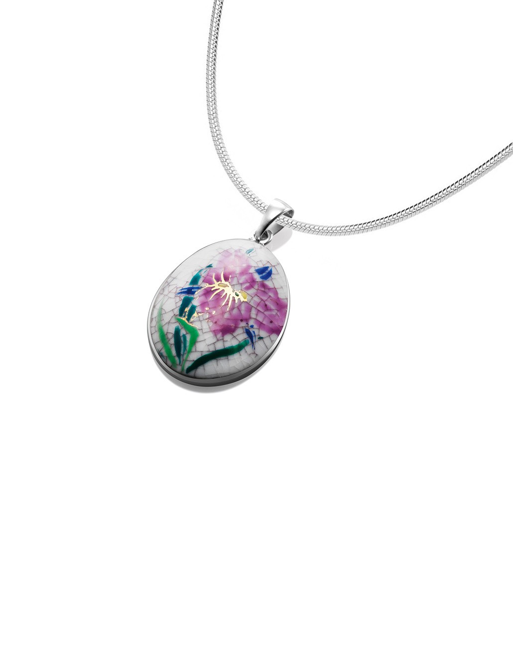 Fine China Porcelain with Purple Flower in Oval Sterling Silver Pendant 