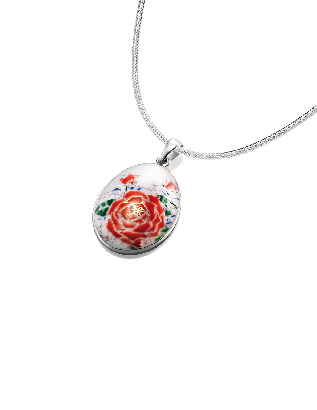 Fine China Porcelain with Red Flower in Oval Sterling Silver Pendant