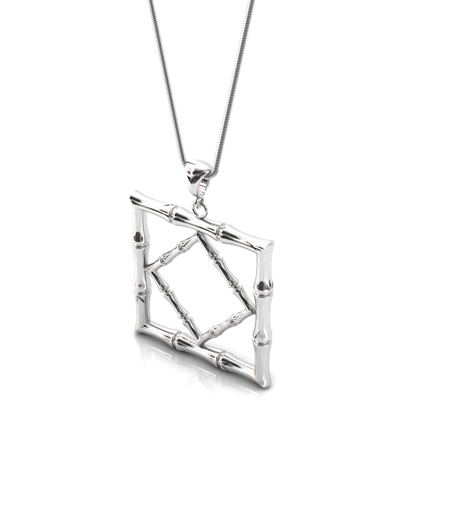 Bamboo 1 Square Pendant in 925 Sterling Silver with Palladium Rhodium-Plated 3D