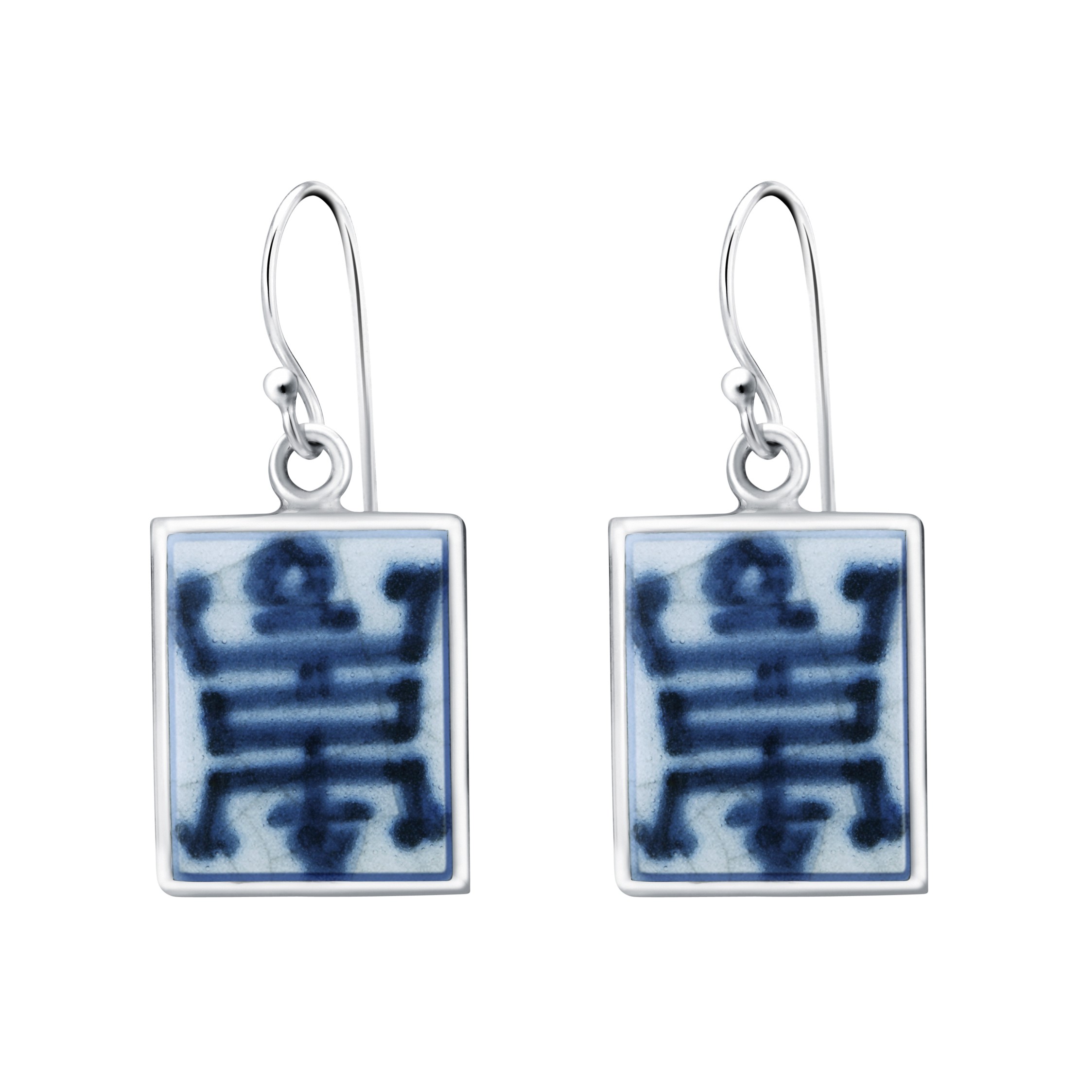 Fine China Porcelain with Chinese Character in Rectangle Sterling Silver Earrings