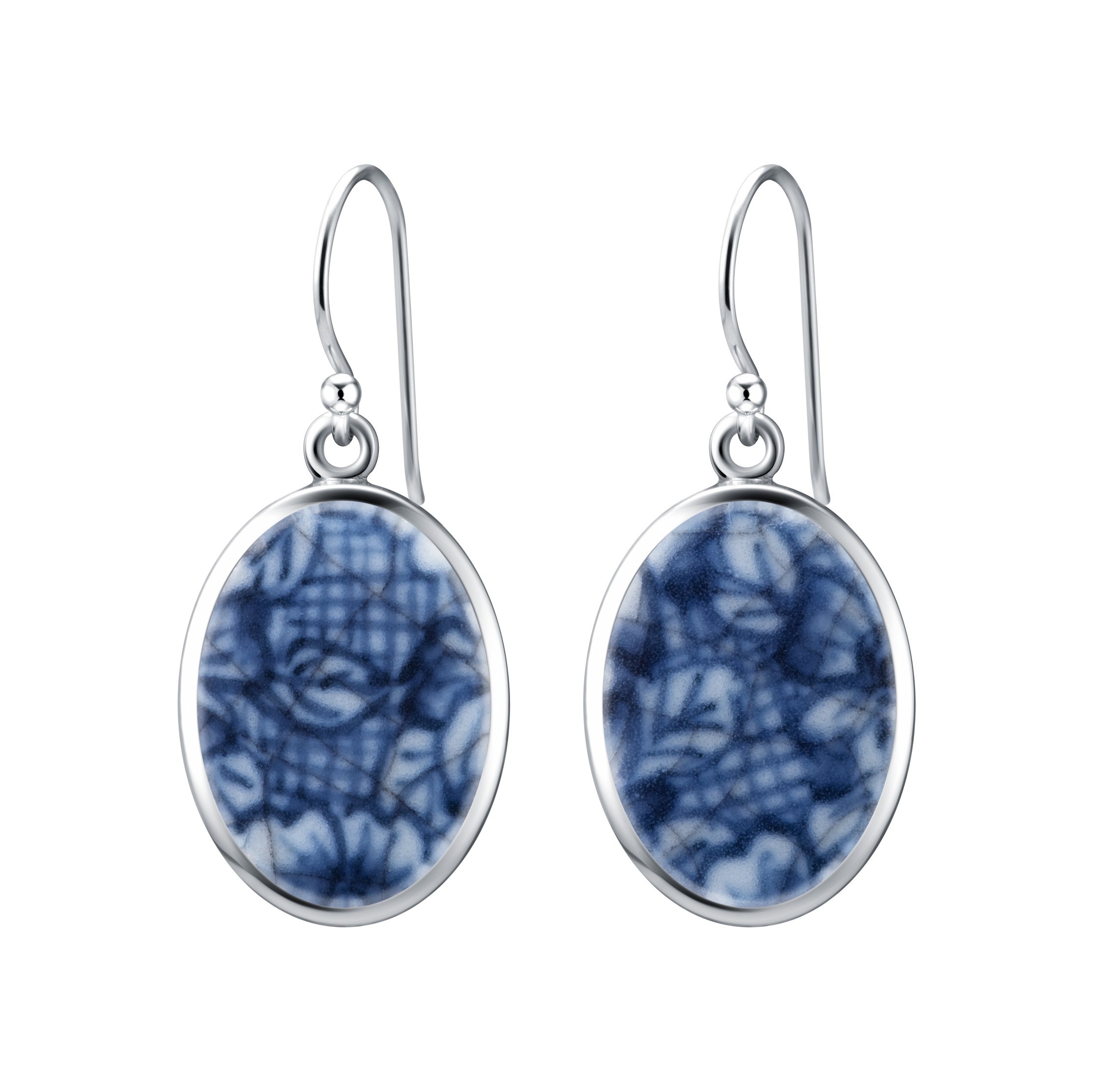 Fine China Porcelain in Oval Sterling Silver Earrings