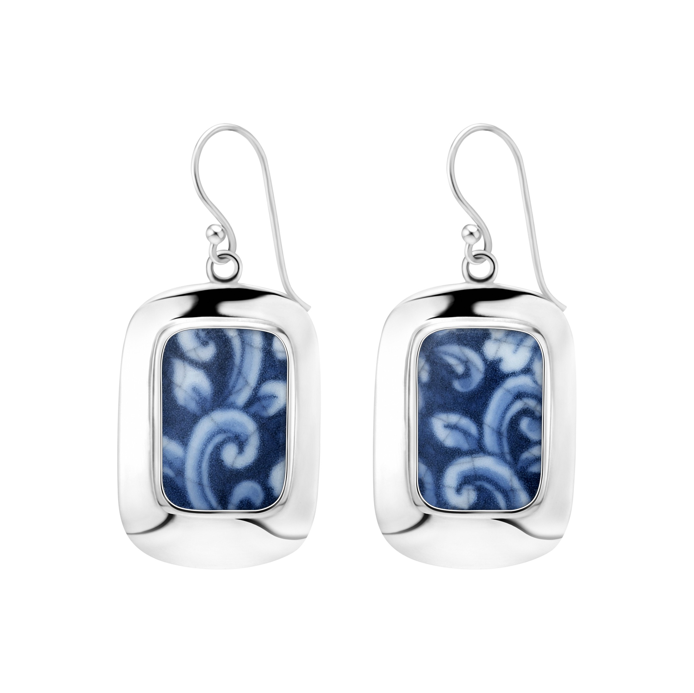 Fine China Porcelain in Rectangle Sterling Silver Earrings 