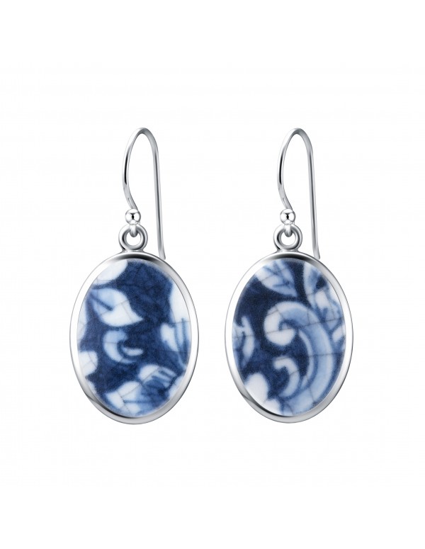 Fine China Porcelain in Oval Sterling Silver Earrings