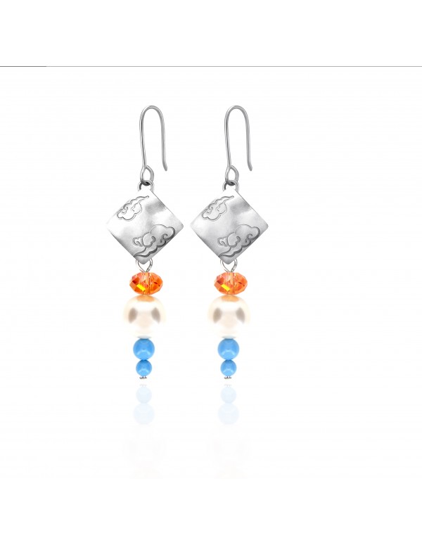 Swarovski Crystal Pearls Earrings with Sterling Silver Celestial Cloud 3 Pendants