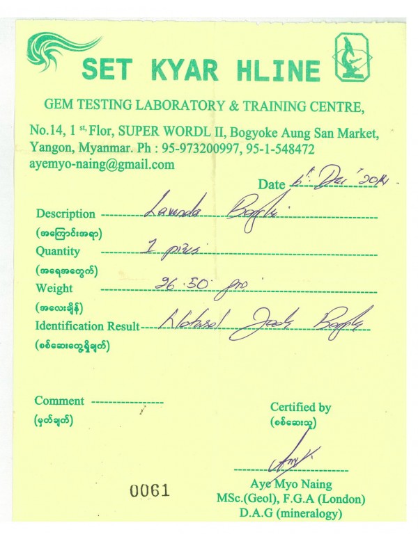 Natural Jadeite Type A-Jade Bangle (JB0061SM) Lab Test Receipt