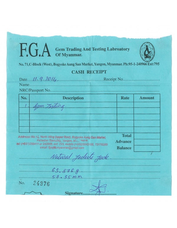 Natural Jadeite Type A-Jade Bangle (JB1012SM) Lab Test Receipt