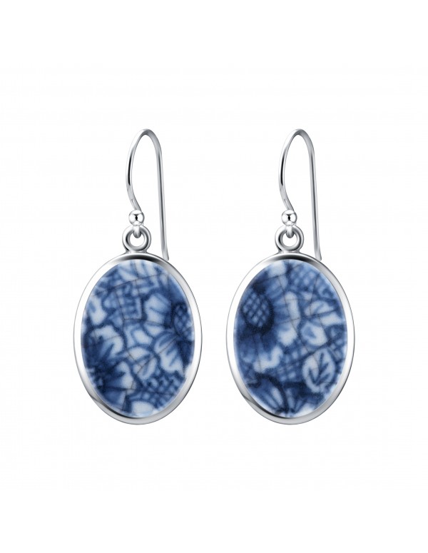 Fine China Porcelain in Oval Sterling Silver Earrings
