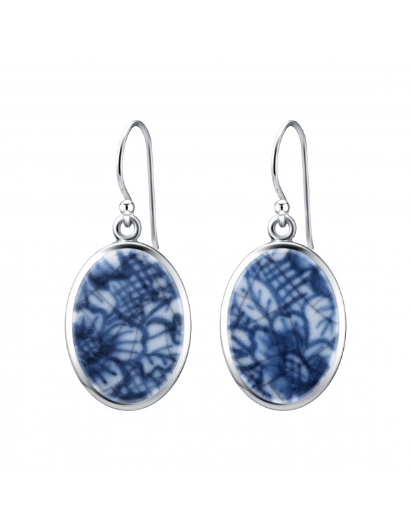 Fine China Porcelain in Oval Sterling Silver Earrings