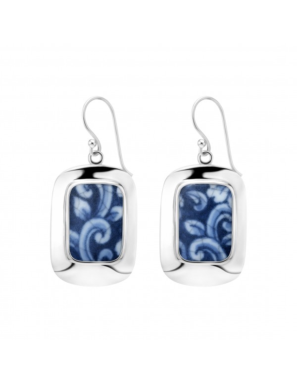 Fine China Porcelain in Rectangle Sterling Silver Earrings 