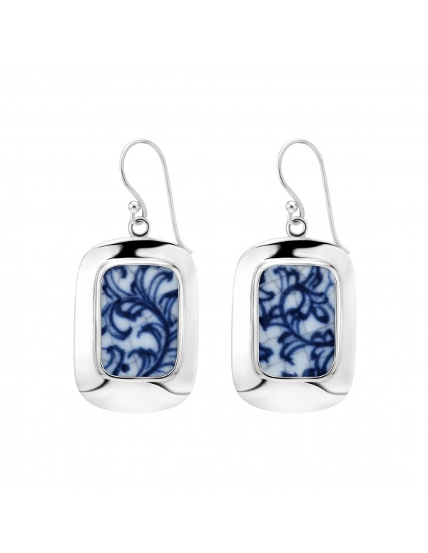 Fine China Porcelain in Rectangle Sterling Silver Earrings 