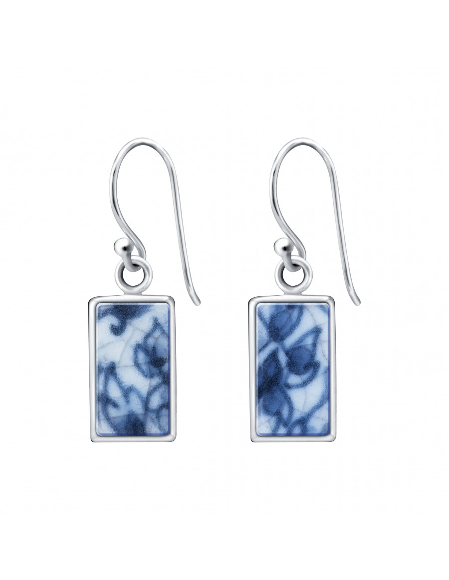Fine China Porcelain in Rectangle Sterling Silver Earrings 