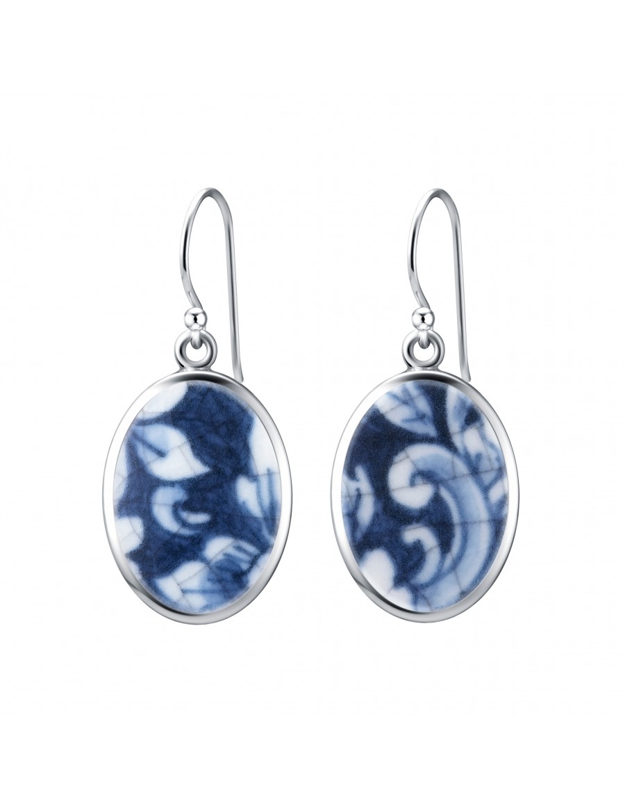 Fine China Porcelain in Oval Sterling Silver Earrings