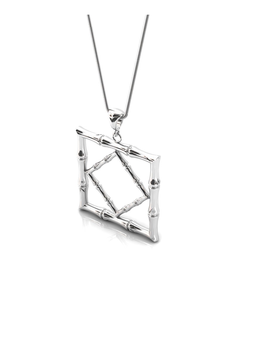 Bamboo 1 Square Pendant in 925 Sterling Silver with Palladium Rhodium-Plated 3D