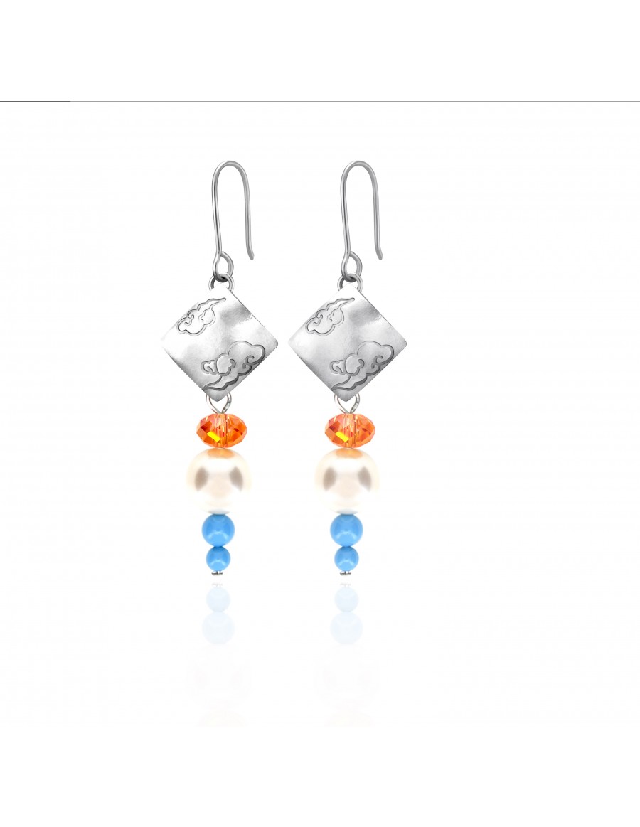 Swarovski Crystal Pearls Earrings with Sterling Silver Celestial Cloud 3 Pendants
