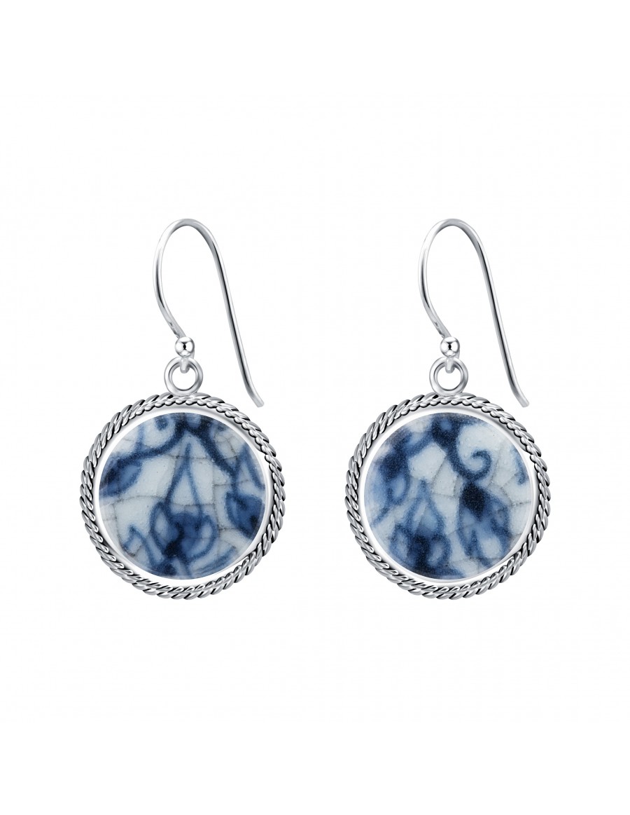 Fine China Porcelain in Round Granulation Frame Sterling Silver Earrings