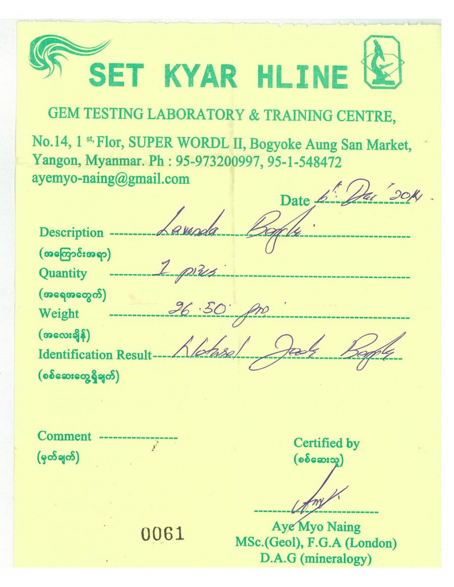 Natural Jadeite Type A-Jade Bangle (JB0061SM) Lab Test Receipt