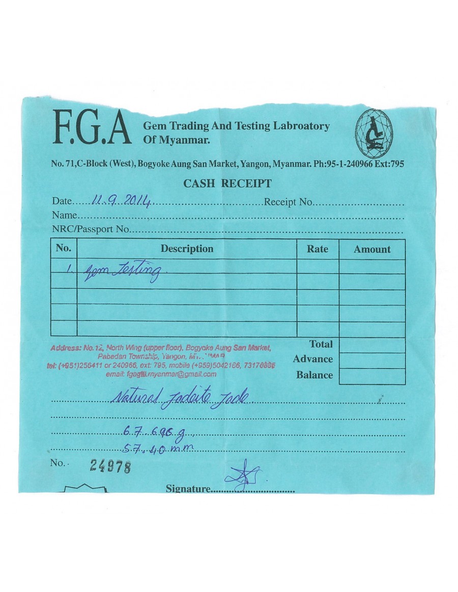 Natural Jadeite Type A-Jade Bangle (JB1011SM) Lab Test Receipt