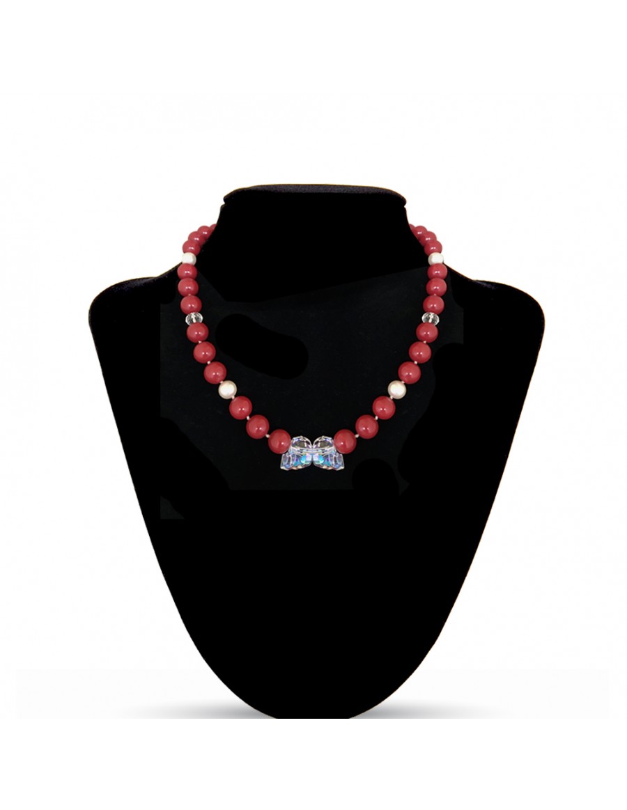 Swarovski Crystal Pearls Necklace in Red Coral with Skull Beads in Aurore Boreale
