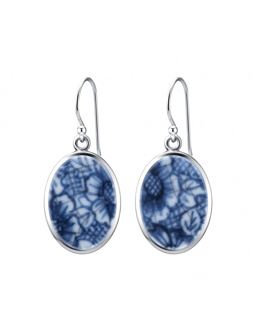 Fine China Porcelain in Oval Sterling Silver Earrings