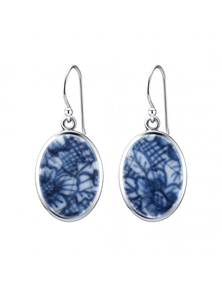 Fine China Porcelain in Oval Sterling Silver Earrings